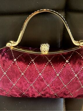 Velvet Quilted Burgundy Evening Clutch with Gold Handle